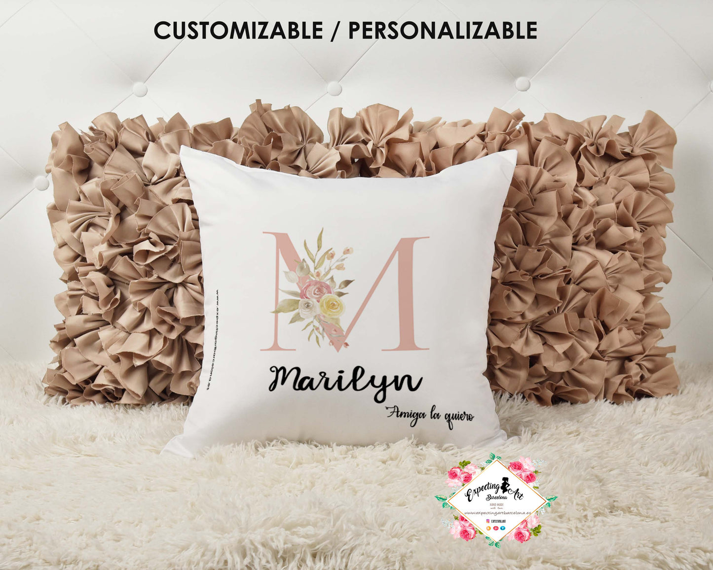 Cojín de Amistad Personalizado con Nombre | Modelo Inicial Flores | Funda Desenfundable (35cm x 35cm / 40cm x 40cm)