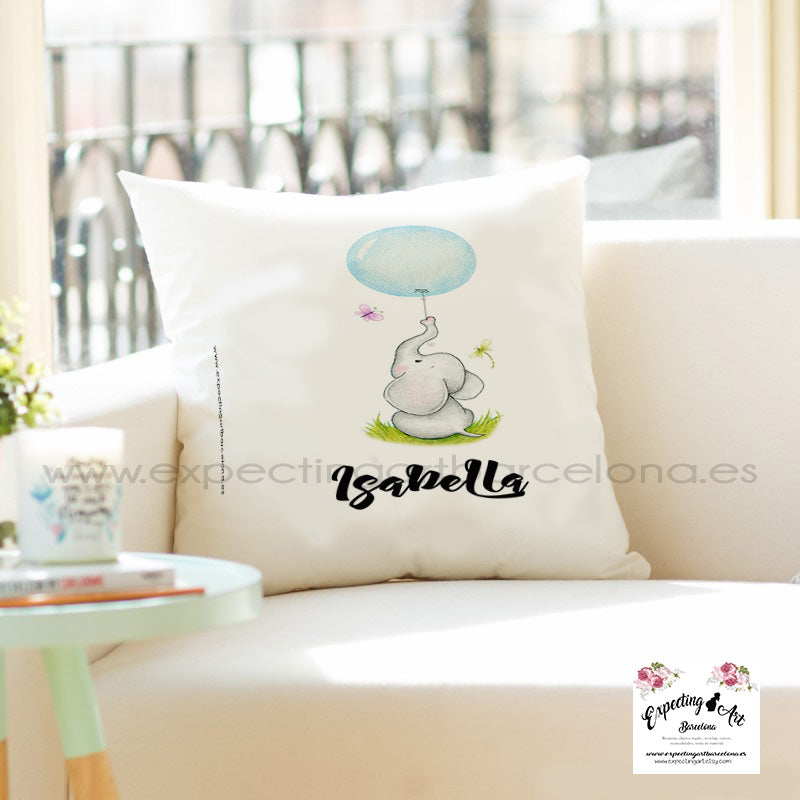 Cojín Cuadrado Personalizado con Nombre | Decoración elefantita isabella | Almohada de Poliéster de 40x40cm y 35x35cm