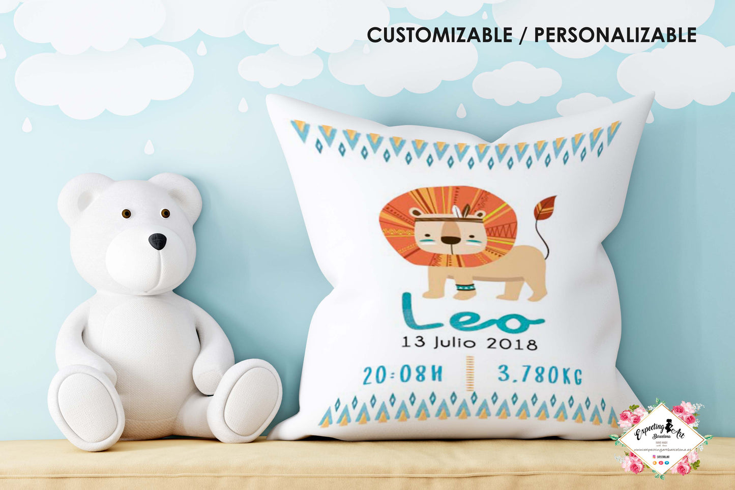 Cojín nacimiento de bebé personalizado con nombre y datos Bebé | Modelo elefantito Daniel | Funda desenfundable (35cm x 35cm 40cm x 40cm)