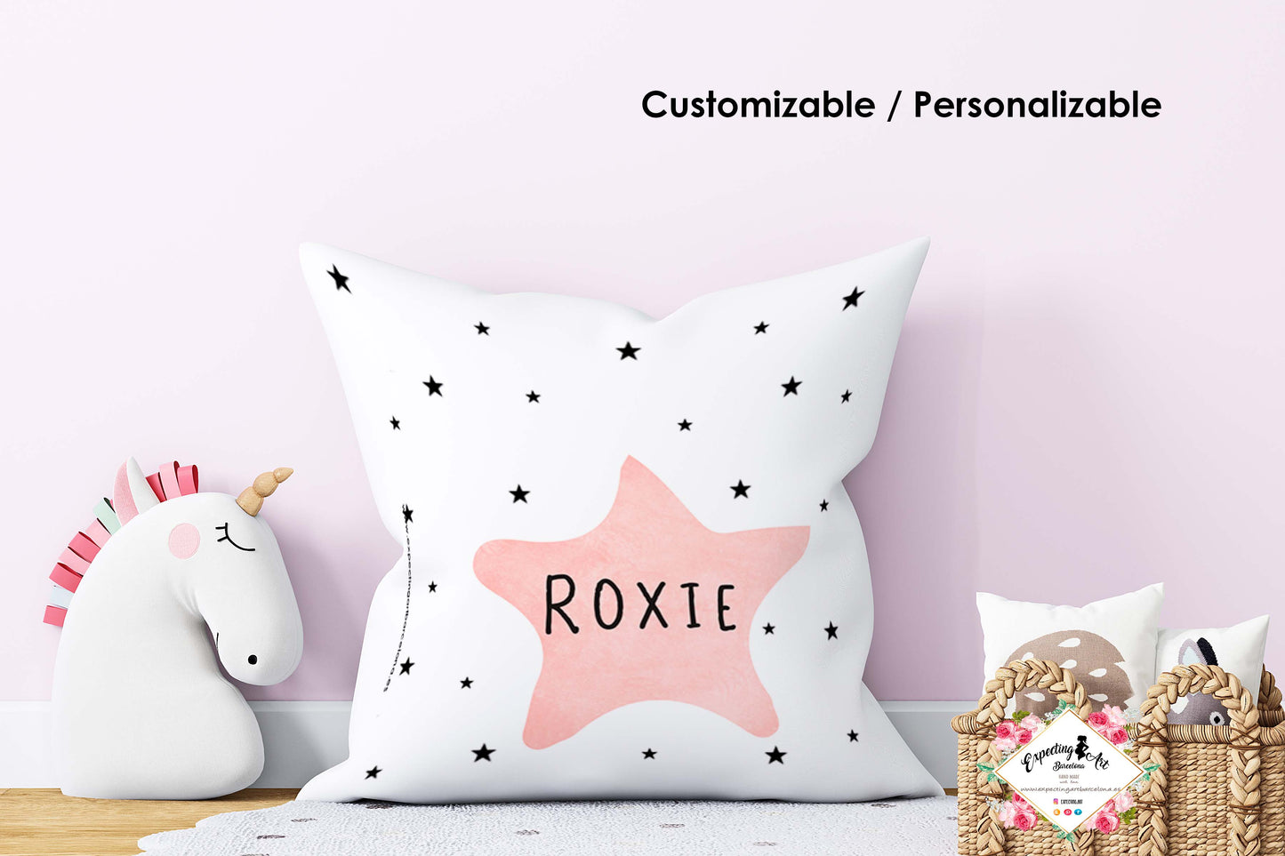 Cojín Cuadrado Personalizado con Nombre | Decoración Modelo RoXie estrella | Almohada de Poliéster de 40x40cm y 35x35cm