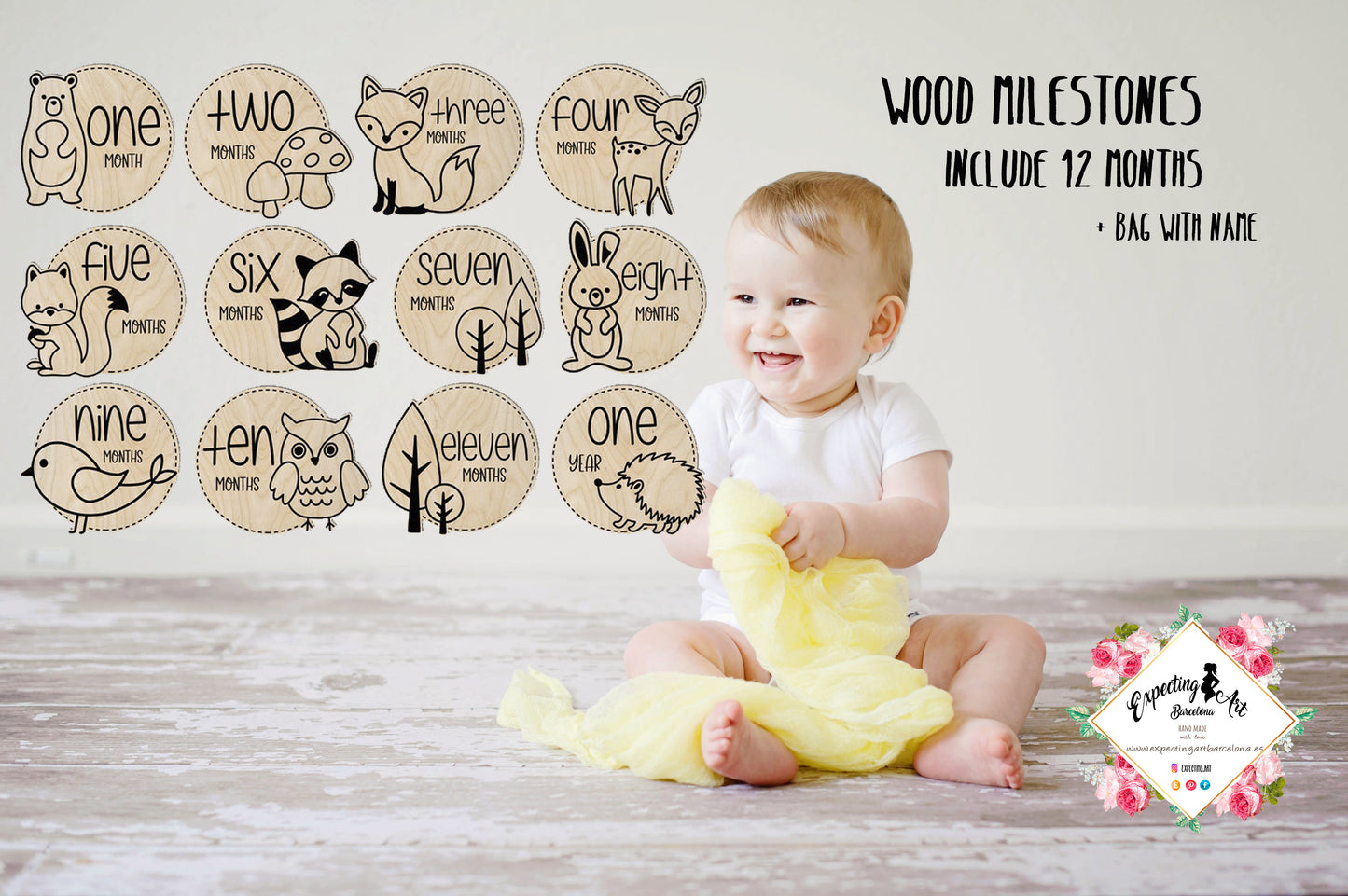 Hitos Mensuales de Animales del Bosque en Madera para Bebés