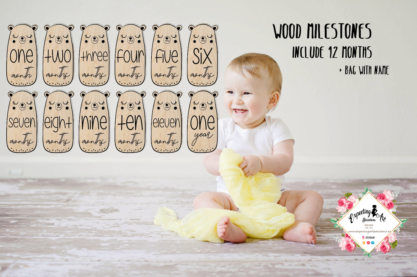 Hitos Mensuales de Ositos en Madera para Bebés