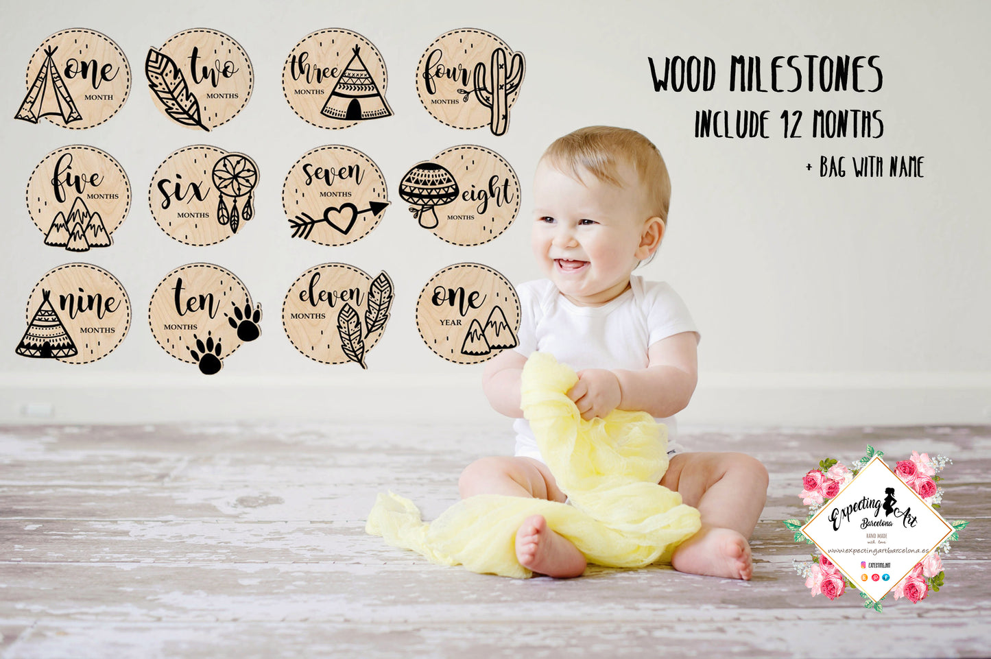 Hitos Mensuales boho en Madera para Bebés