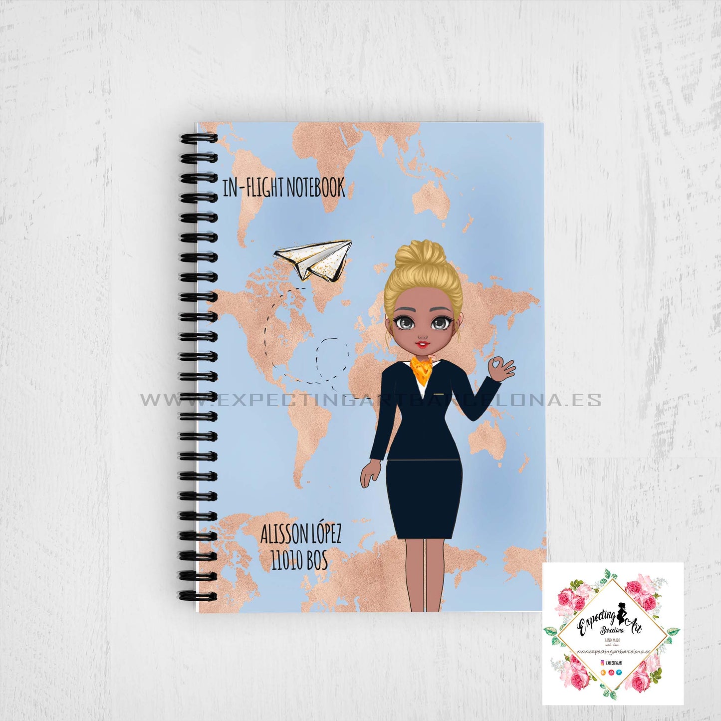 Agenda de vuelo para cabin crew personalizable. Modelo " Mapa Dorado".