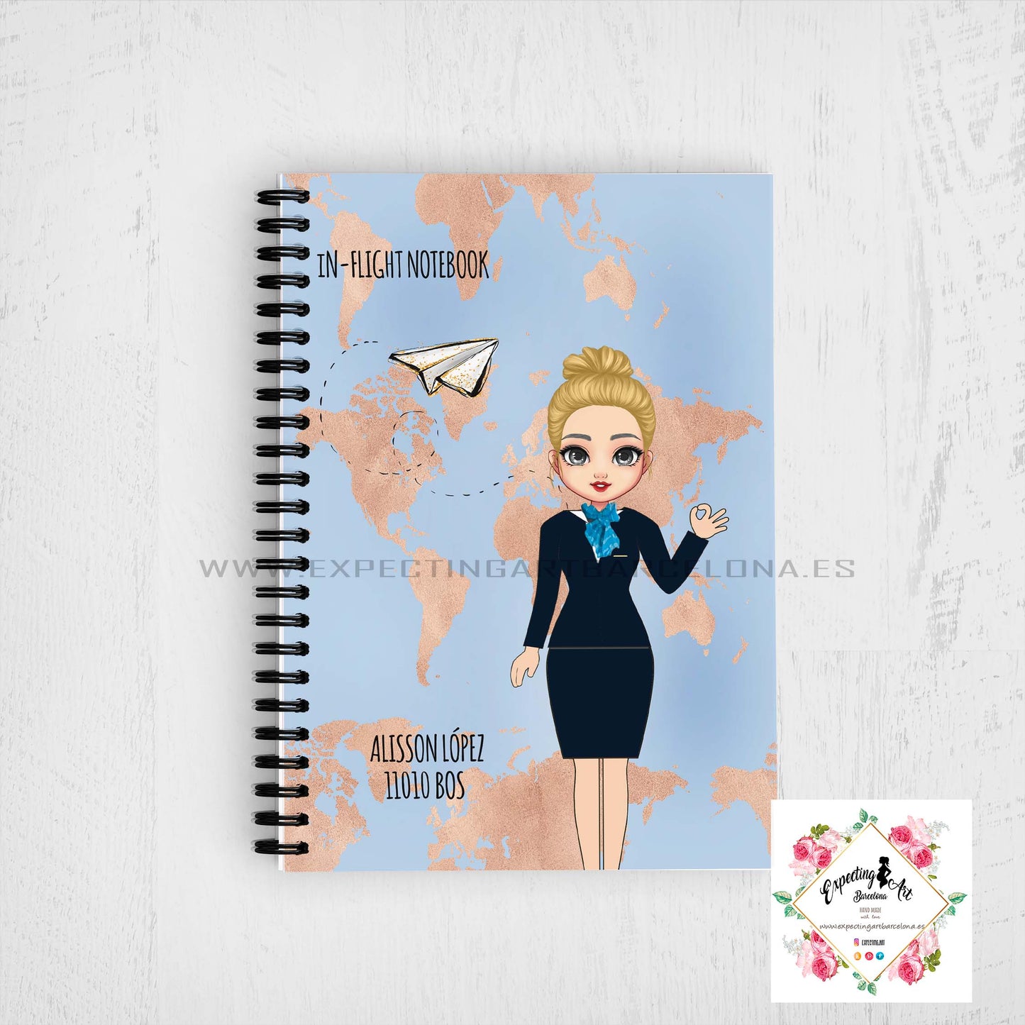 Agenda de vuelo para cabin crew personalizable. Modelo " Mapa Dorado".
