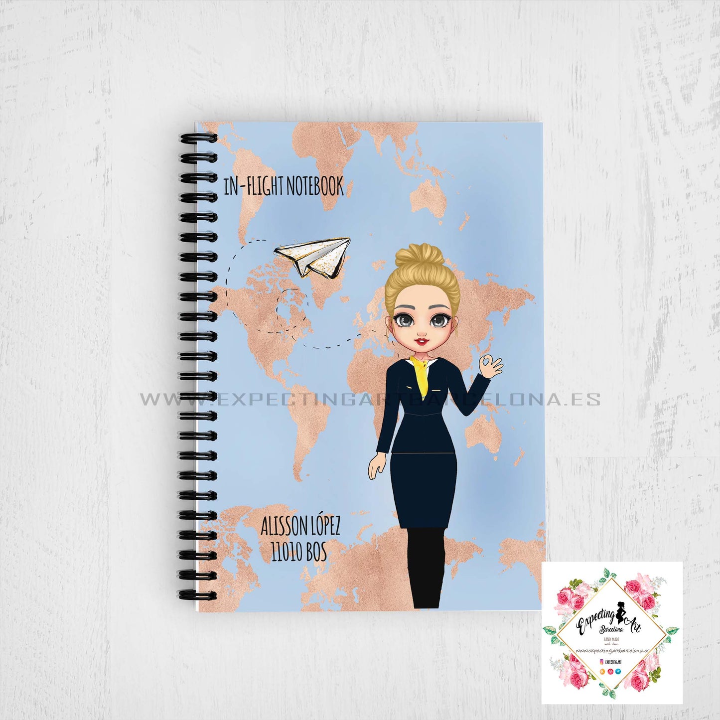 Agenda de vuelo para cabin crew personalizable. Modelo " Mapa Dorado".