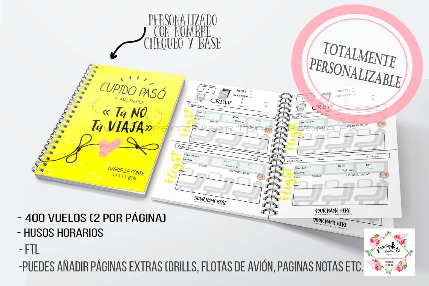 Agenda de vuelo para cabin crew personalizable.| Modelo " Cupido me dijo: tu no, tu viaja".