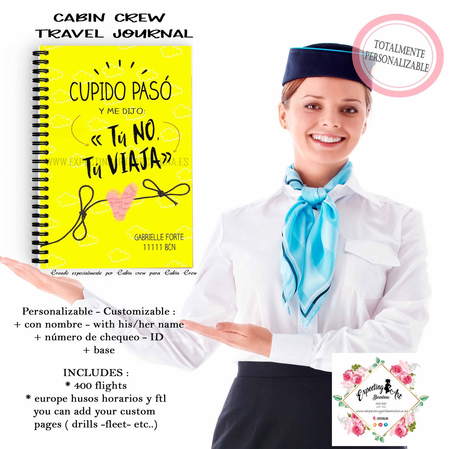 Agenda de vuelo para cabin crew personalizable.| Modelo " Cupido me dijo: tu no, tu viaja".