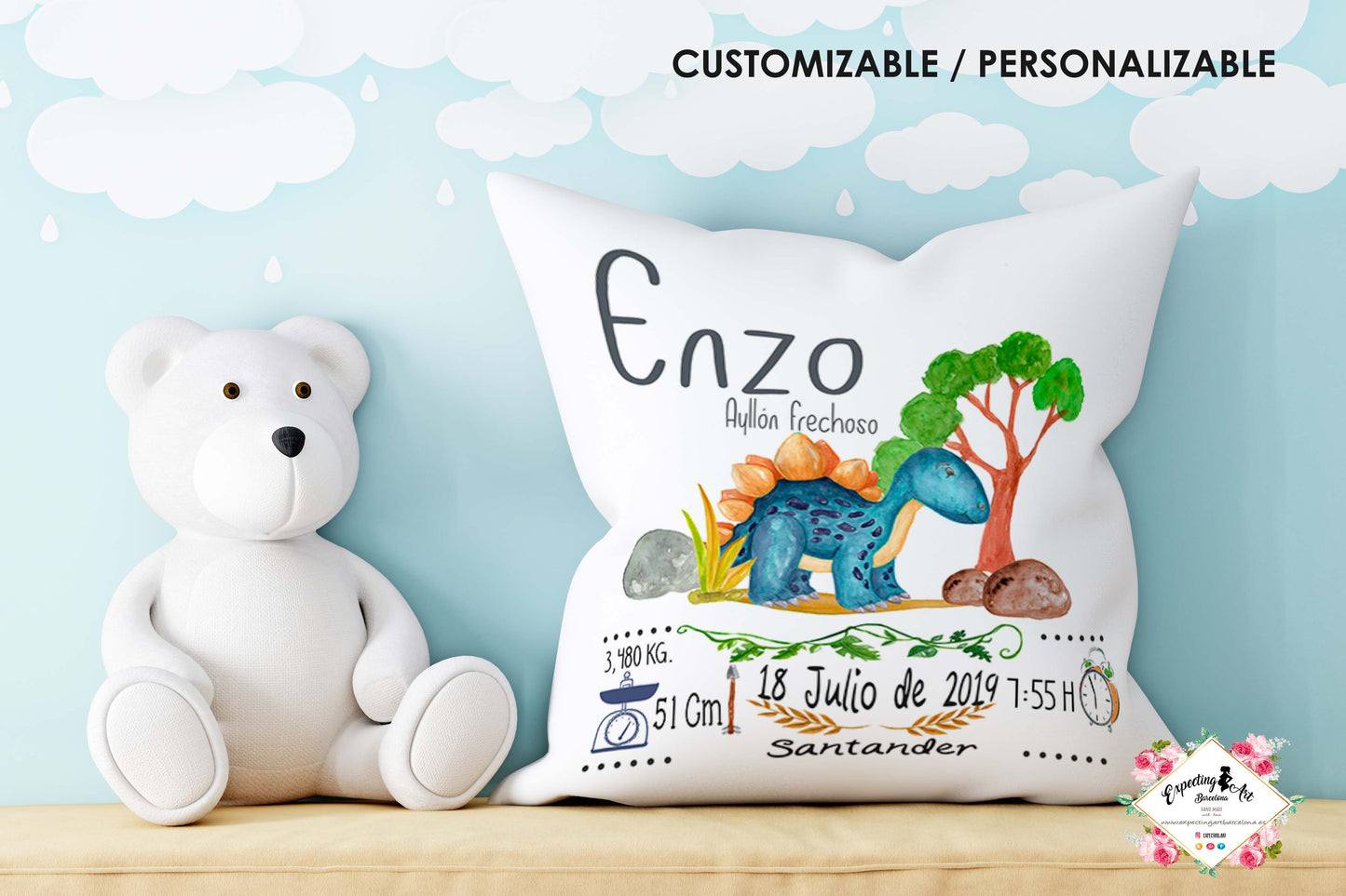 Cojín nacimiento de bebé personalizado con nombre| Modelo Dinosaurio triceratops azul| Funda desenfundable (35cm x 35cm 40cm x 40cm)