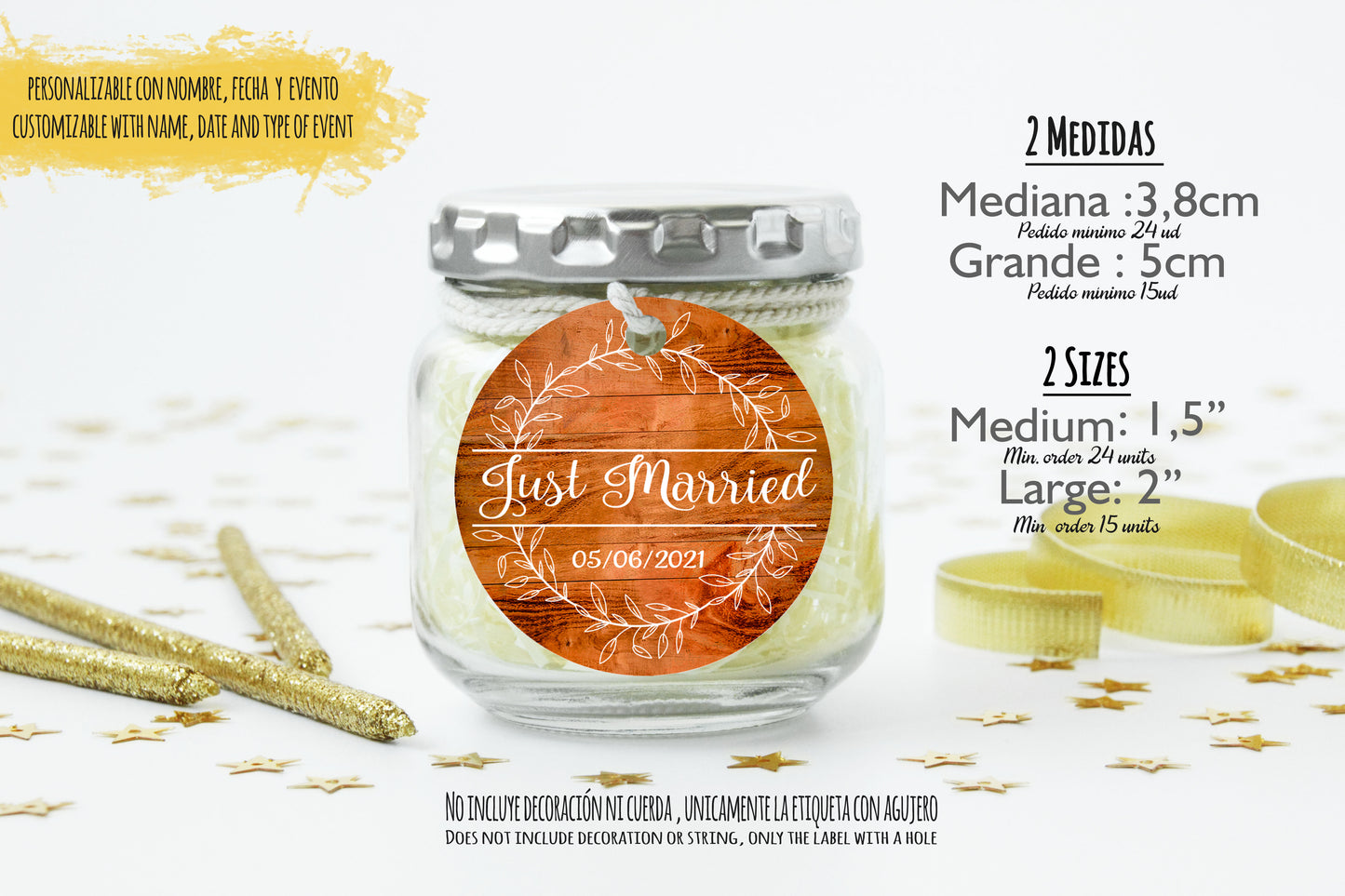 24 Etiquetas personalizadas redondas para detalles de boda. |Mod. "Just Married Wood"