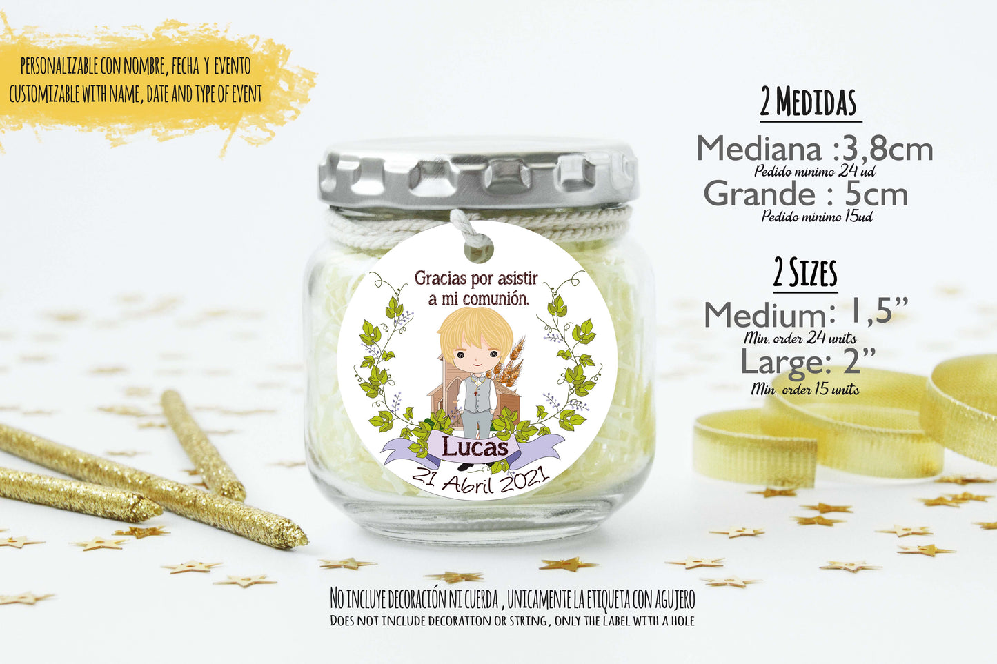 24 Etiquetas personalizadas redondas para Comunión | Mod. Comunión Niño Lucas