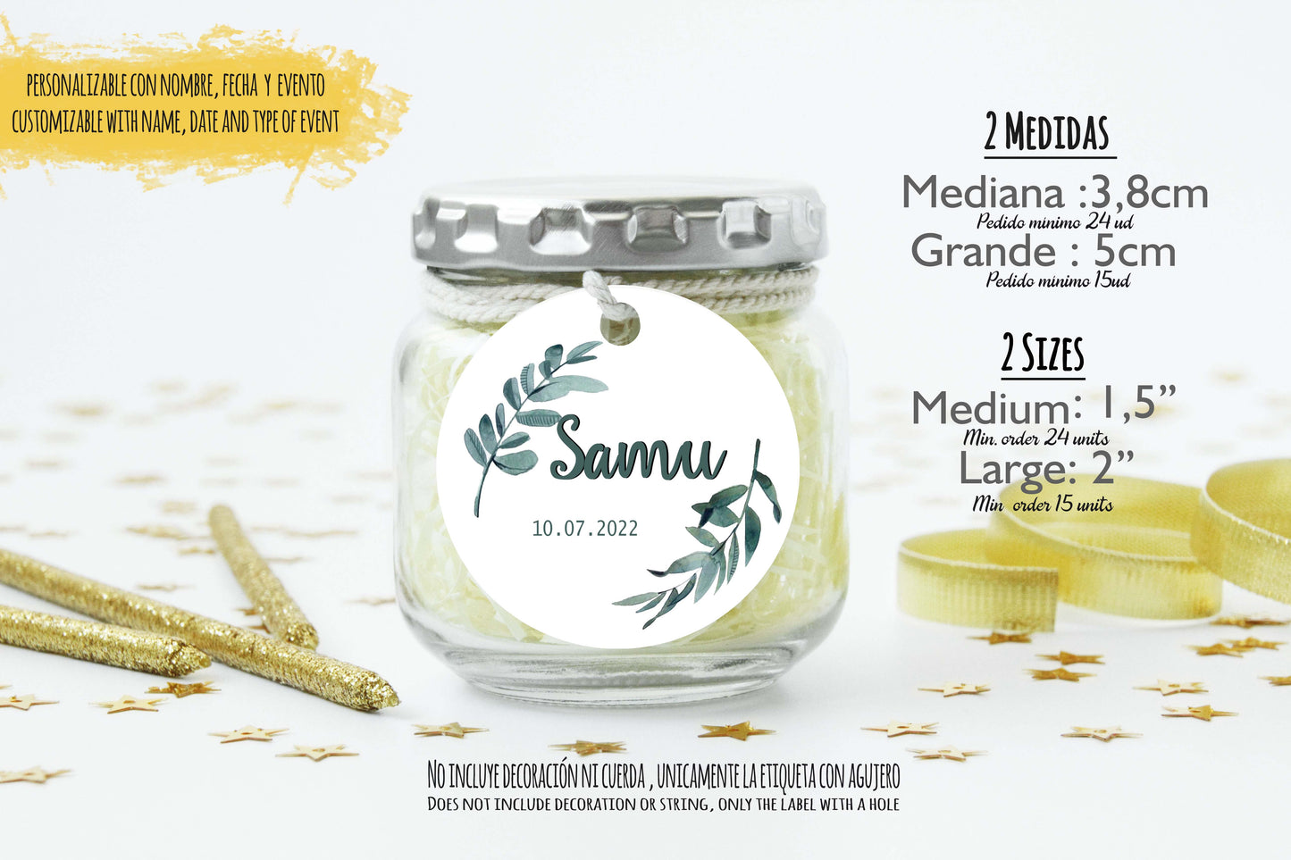 Etiquetas personalizadas redondas para recuerdos de bautizo| Baby shower| Comunión | Mod Ramita Olivo Samu