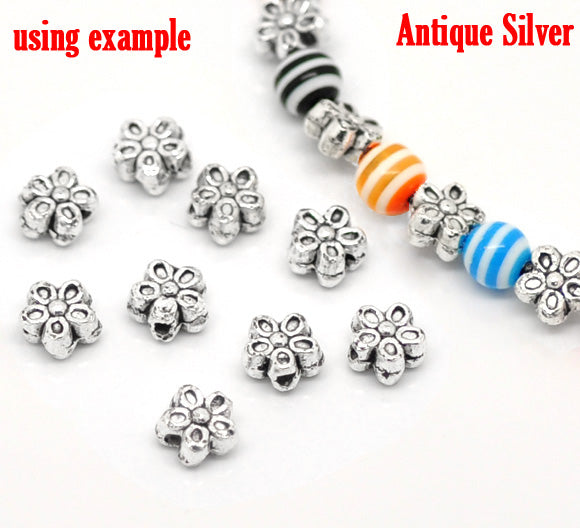 Espaciadores de Aleación de Zinc en Forma de Flor - Plata Antigua - 6mm x 6mm - Agujero de 1.3mm 2