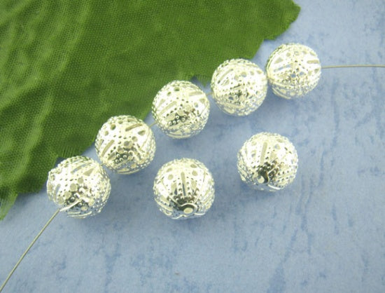 Cuentas Espaciador Filigrana Bola,Argentado Hueco 12mm Diámetro, Agujero: acerca de 1.5mm, 6 Unidades