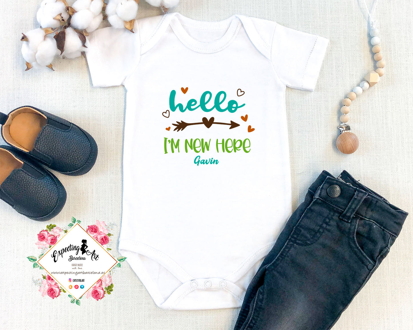 Body Blanco Personalizado con Nombre - Mod. Hello I'm New Here - Bebé - 100% Algodón