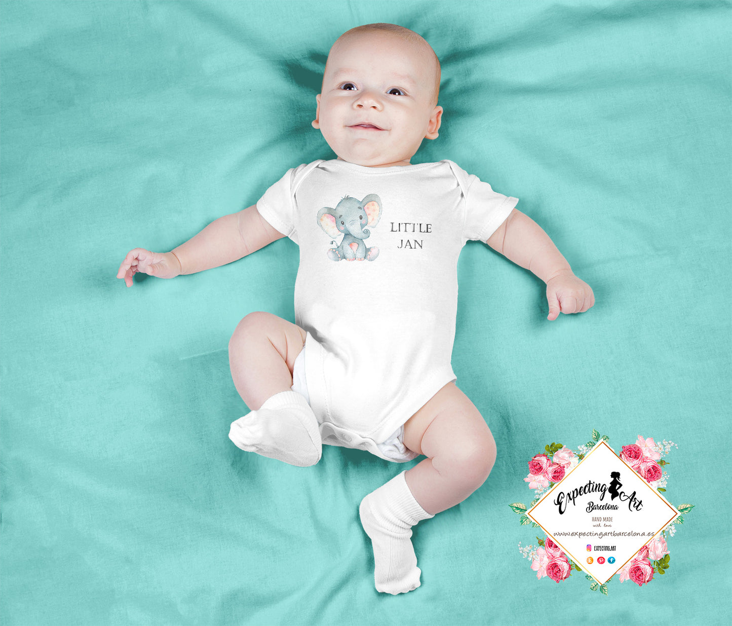 Body Blanco Bebé Personalizado con Nombre y Cumpleaños - Mod. Elefantito Little Jan - 100% Algodón