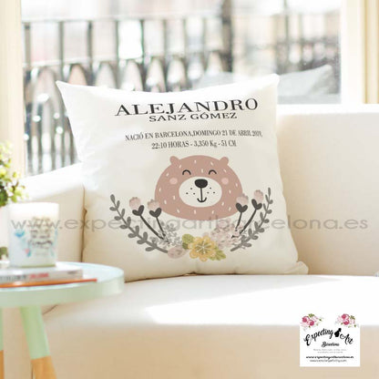 Cojín nacimiento de bebé personalizado con nombre y datos Bebé | Modelo Alejandro Osito | Funda desenfundable (35cm x 35cm 40cm x 40cm)