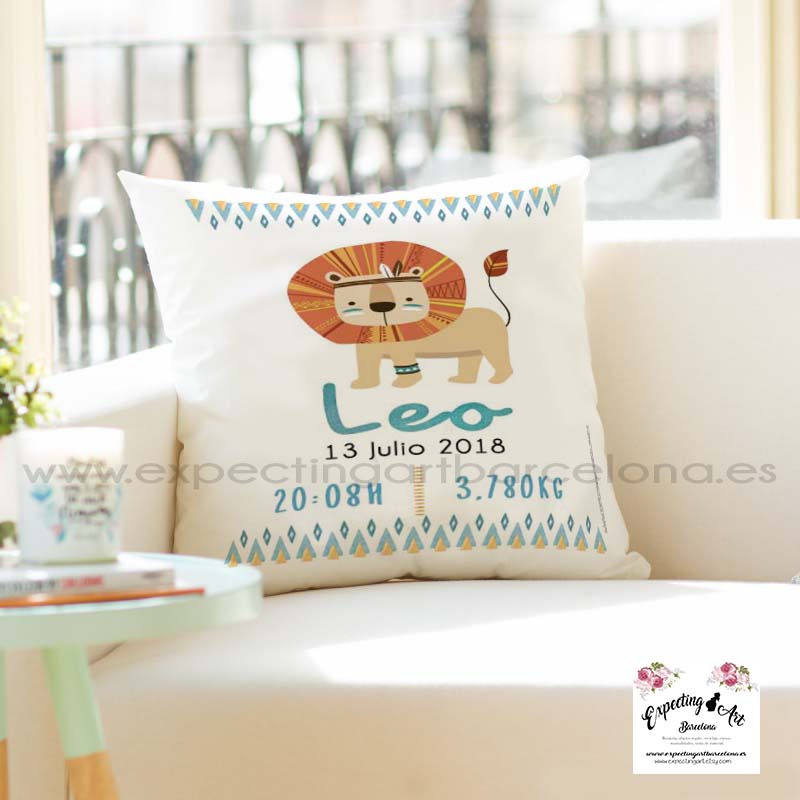 Cojín nacimiento de bebé personalizado con nombre y datos Bebé | Modelo elefantito Daniel | Funda desenfundable (35cm x 35cm 40cm x 40cm)