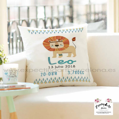 Cojín nacimiento de bebé personalizado con nombre y datos Bebé | Modelo elefantito Daniel | Funda desenfundable (35cm x 35cm 40cm x 40cm)
