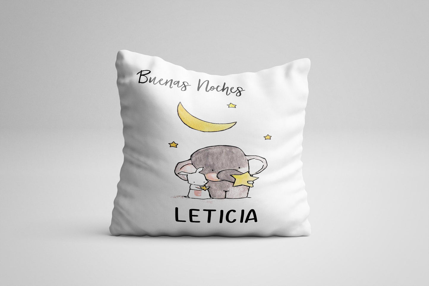 Cojín nacimiento de bebé personalizado con nombre y datos Bebé | Modelo Buenas noches elefantita| Funda desenfundable (35cm x 35cm 40cm x 40cm)