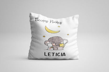Cojín nacimiento de bebé personalizado con nombre y datos Bebé | Modelo Buenas noches elefantita| Funda desenfundable (35cm x 35cm 40cm x 40cm)