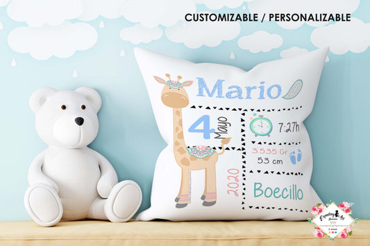 Cojín nacimiento de bebé personalizado con nombre y datos del bebé| Modelo  | Funda desenfundable (35cm x 35cm 40cm x 40cm)