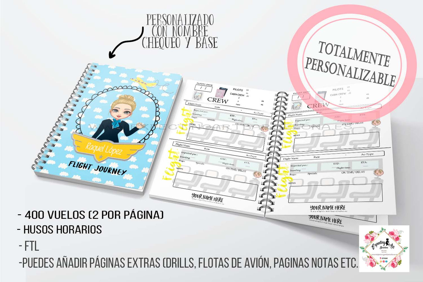 Agenda de Vuelo para Cabin Crew Personalizable – Modelo Nubes Azules