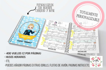 Agenda de vuelo para cabin crew personalizable. Modelo Nubes azules.