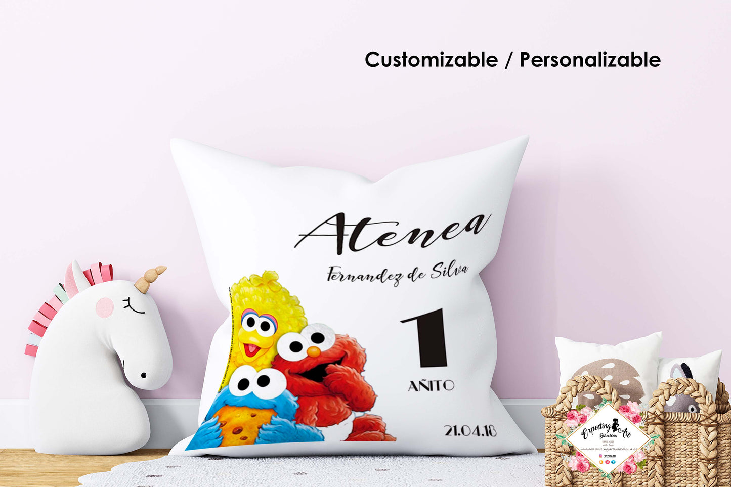 Cojín Cuadrado Personalizado con Nombre | Decoración Infantil Atenea | Almohada de Poliéster de 40x40cm y 35x35cm
