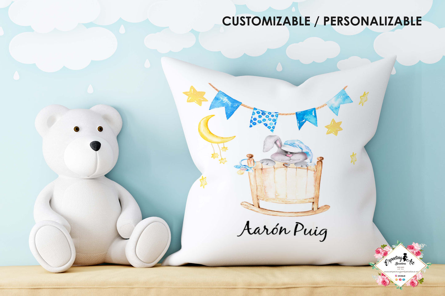 Cojín Cuadrado Personalizado con Nombre | Decoración Buenas noches niño| Almohada de Poliéster de 40x40cm y 35x35cm