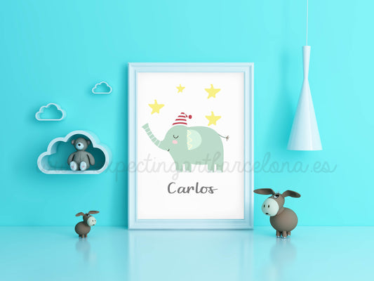 Lámina para cuadro de bebé con datos de nacimiento Mod. elefantito Carlos| Regalo personalizado