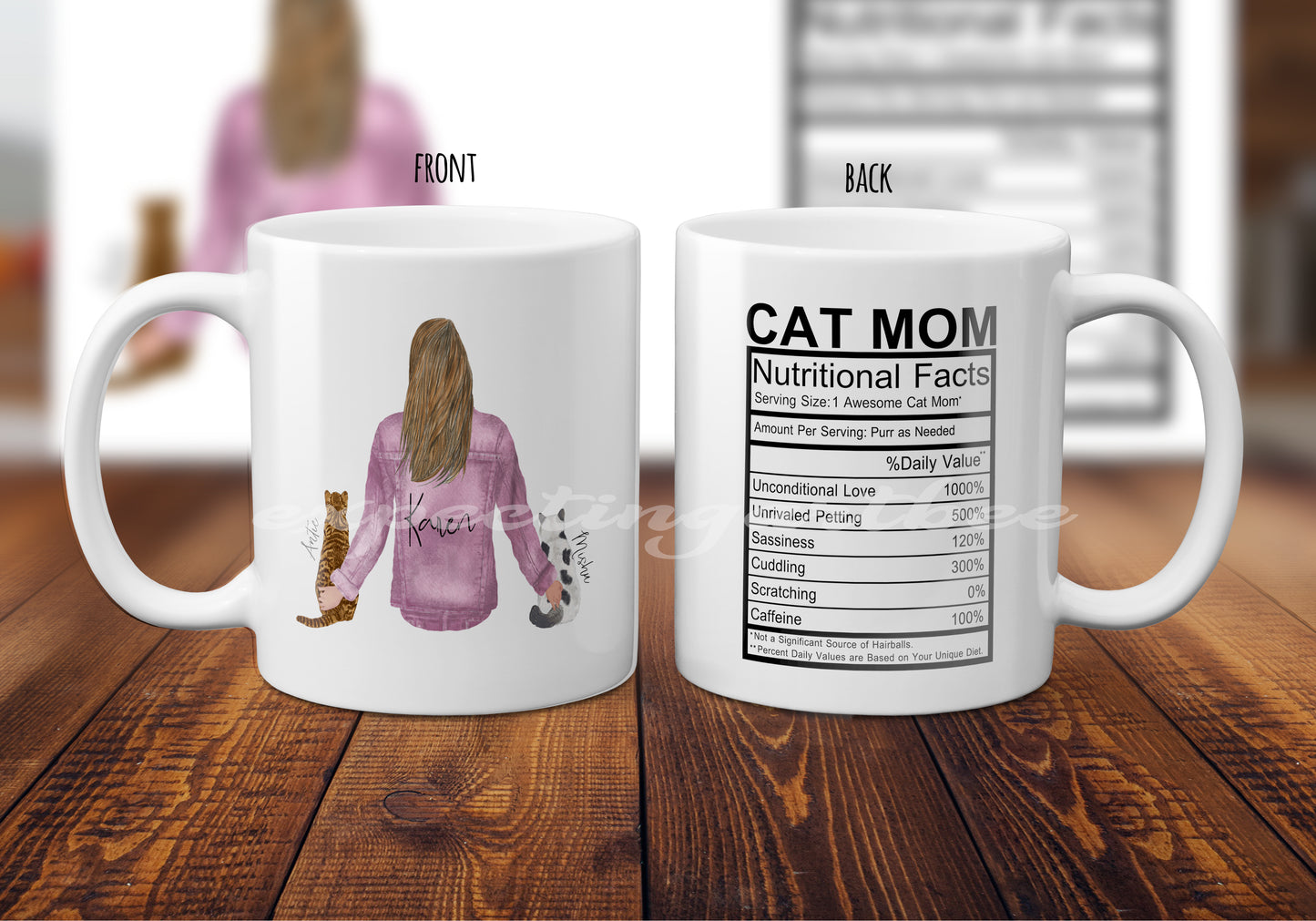 Taza Personalizada de Cerámica con Gato y Dueña, Nutrion Facts- Taza Bonita de Amantes de Gatitos en Acuarela - Personalizable con Nombres