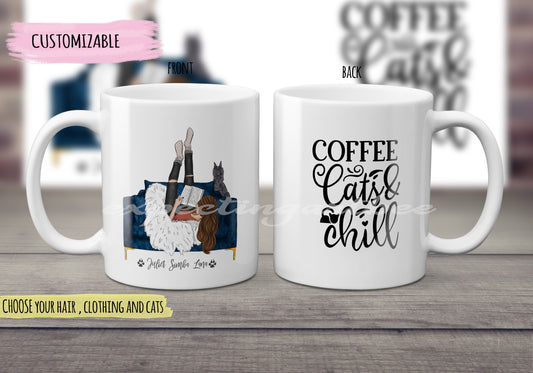 Taza Cerámica Personalizada Gatos - Taza Encantadora de Amantes de Gatitos en Acuarela - Personalizable con Nombres