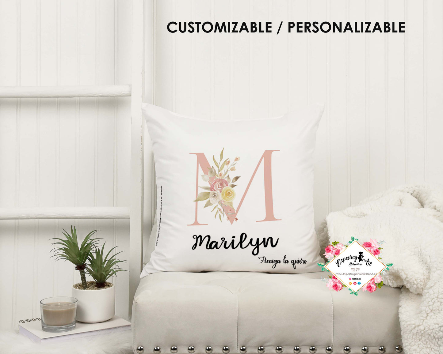 Cojín de Amistad Personalizado con Nombre | Modelo Inicial Flores | Funda Desenfundable (35cm x 35cm / 40cm x 40cm)