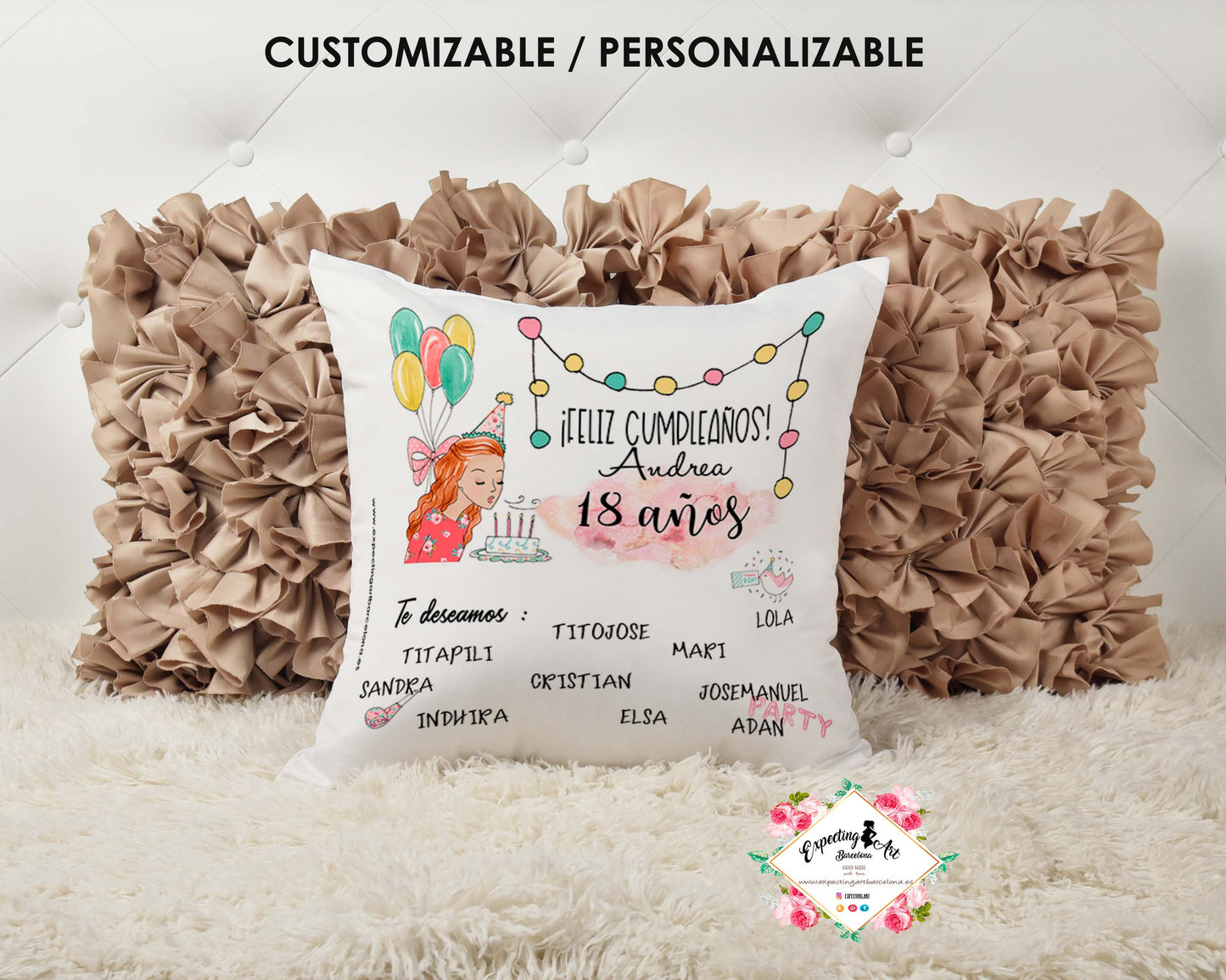 Cojín de Cumpleaños Personalizado con Nombre | Modelo Cumpleaños HAPPY BIRTHDAY | Funda Desenfundable | 35x35cm y 40x40cm | Regalo Único y Especial
