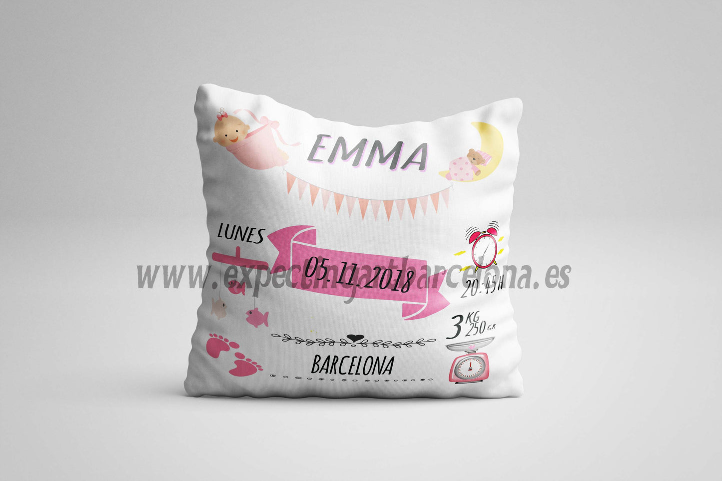 Cojín nacimiento de bebé personalizado con nombre y datos Bebé | Modelo Emma ribete| Funda desenfundable (35cm x 35cm 40cm x 40cm)