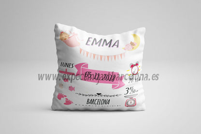Cojín nacimiento de bebé personalizado con nombre y datos Bebé | Modelo Emma ribete| Funda desenfundable (35cm x 35cm 40cm x 40cm)