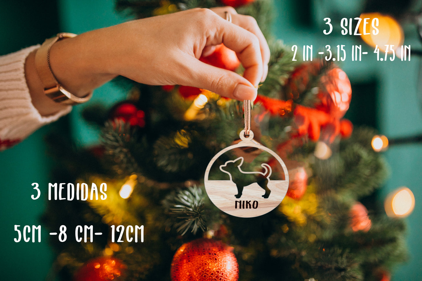 Adornos Personalizados de madera para Navidad para Mascotas -Esfera navideña personalizada y Decoración Única - Nombre de tu Mascota en Corte Láser