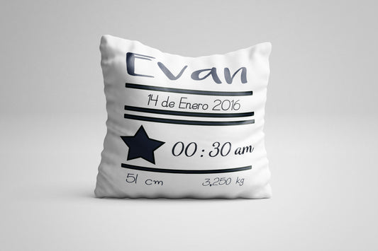 Cojín nacimiento de bebé personalizado con nombre y datos Bebé | Modelo Evan black and white | Funda desenfundable (35cm x 35cm 40cm x 40cm)