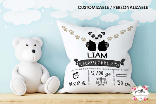 Cojín nacimiento de bebé personalizado con nombre y datos Bebé | Modelo Panda Evan | Funda desenfundable (35cm x 35cm 40cm x 40cm)