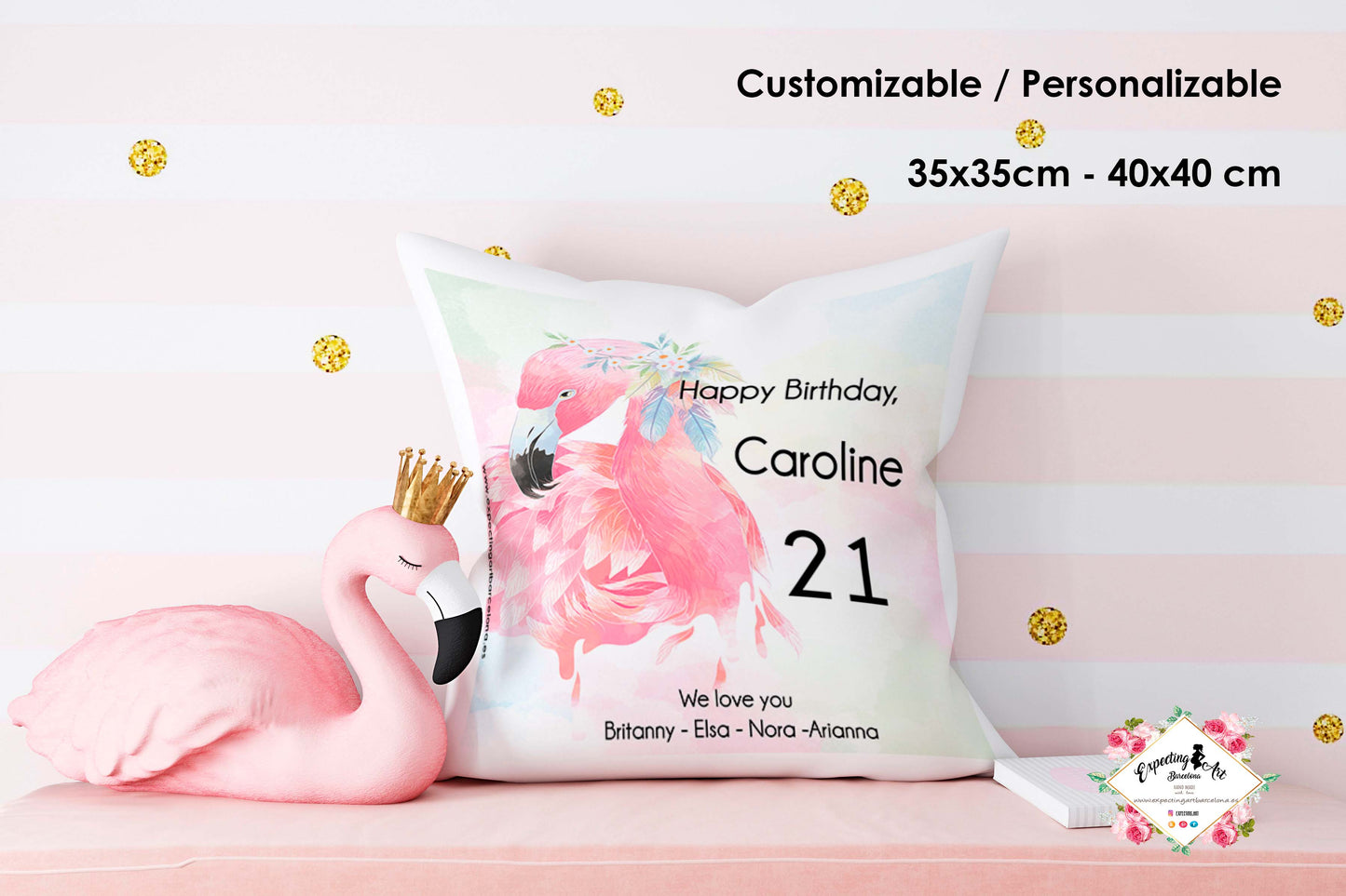 Cojín de Cumpleaños Personalizado con Nombre | Modelo Cumpleaños flamenco | Funda Desenfundable | 35x35cm y 40x40cm | Regalo Único y Especial