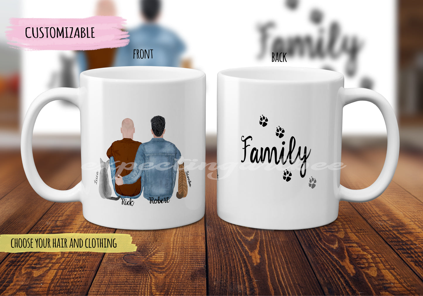 Taza Cerámica Personalizada de Familia y Gatos - Taza Encantadora de Amantes de Gatitos en Acuarela - Personalizable con Nombres