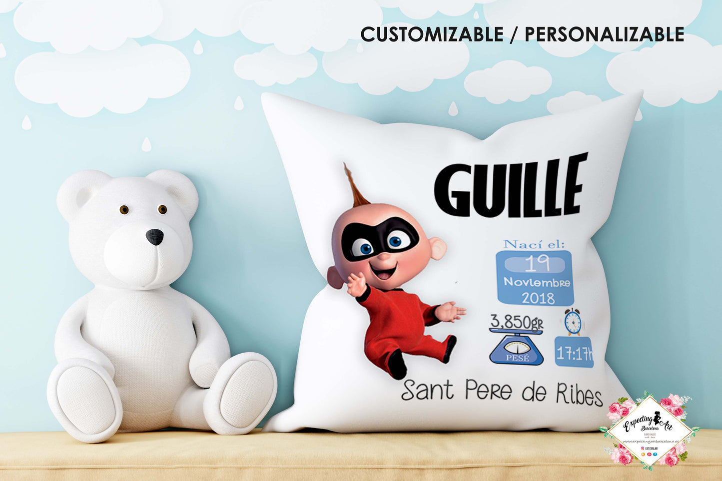 Cojín nacimiento de bebé personalizado con nombre y datos Bebé | Modelo Guille superhéroe| Funda desenfundable (35cm x 35cm 40cm x 40cm)