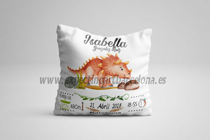 Cojín nacimiento de bebé personalizado con nombre y datos Bebé | Modelo Isabella Triceratops | Funda desenfundable (35cm x 35cm 40cm x 40cm)