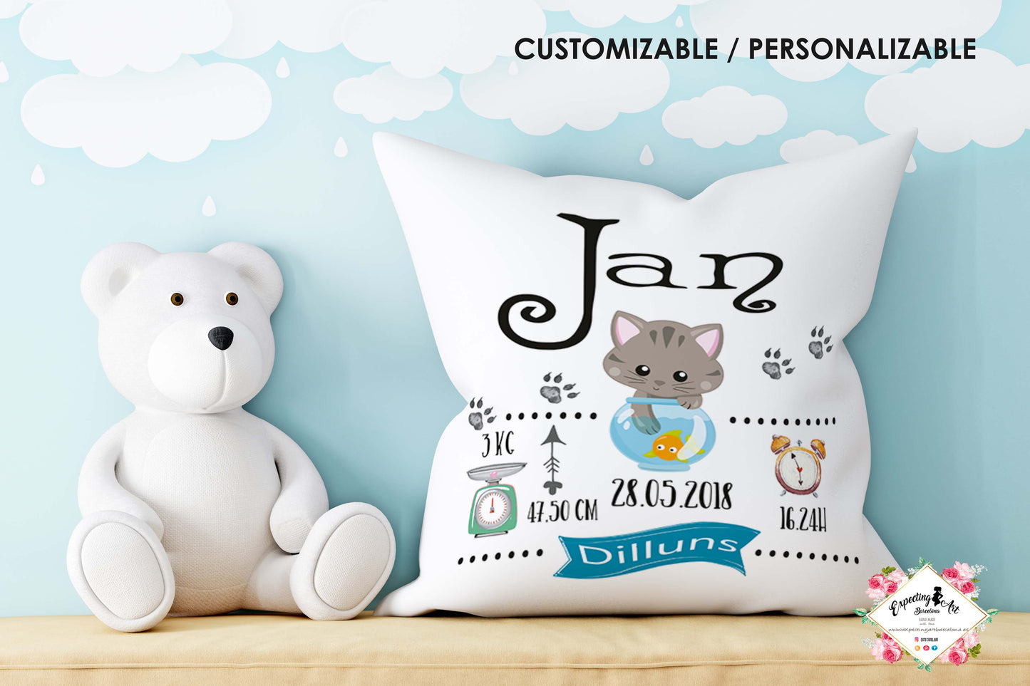 Cojín nacimiento de bebé personalizado con nombre y datos Bebé | Modelo Gatito Jan  | Funda desenfundable (35cm x 35cm 40cm x 40cm)
