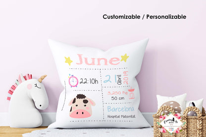 Cojín nacimiento de bebé personalizado con nombre y datos Bebé | Modelo vaquita June | Funda desenfundable (35cm x 35cm 40cm x 40cm)