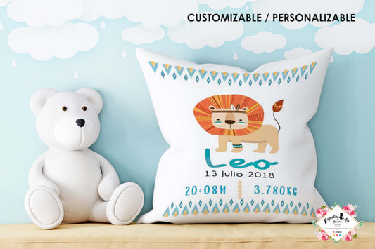 Cojín nacimiento de bebé personalizado con nombre y datos Bebé | Modelo elefantito Daniel | Funda desenfundable (35cm x 35cm 40cm x 40cm)