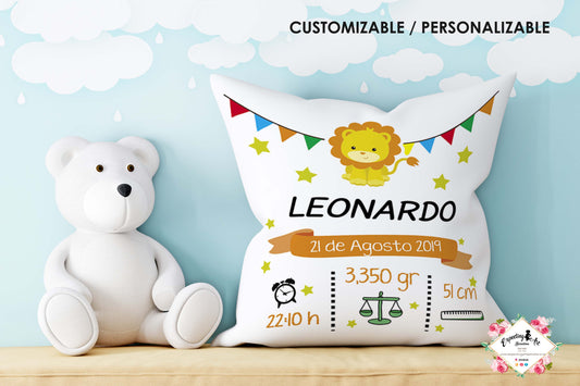 Cojín nacimiento de bebé personalizado con nombre y datos del bebé| Modelo datos Leoncito Leonardo | Funda desenfundable (35cm x 35cm 40cm x 40cm)