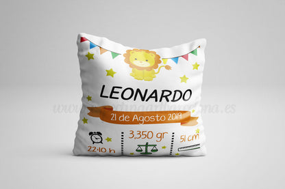 Cojín nacimiento de bebé personalizado con nombre y datos del bebé| Modelo datos Leoncito Leonardo | Funda desenfundable (35cm x 35cm 40cm x 40cm)