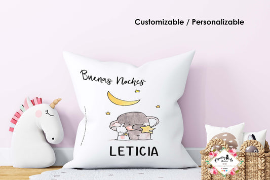 Cojín nacimiento de bebé personalizado con nombre y datos Bebé | Modelo Buenas noches elefantita| Funda desenfundable (35cm x 35cm 40cm x 40cm)